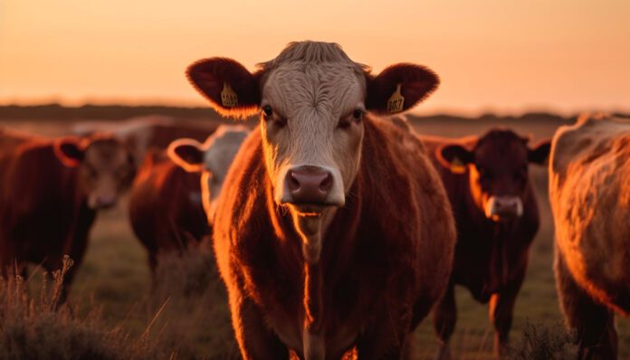 Foto de una vaca al atardecer.